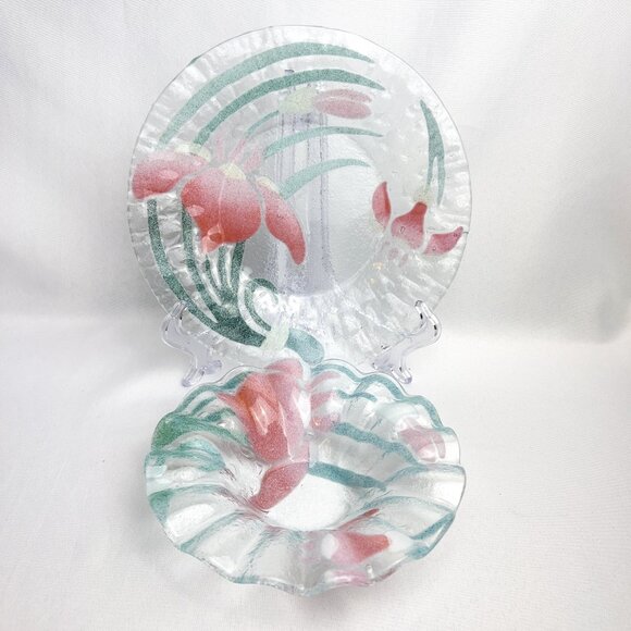 Fused Art Glass Bowl & Plate Set Pink Green Swirl Textured Floral Decor 2pc. - Picture 1 of 11